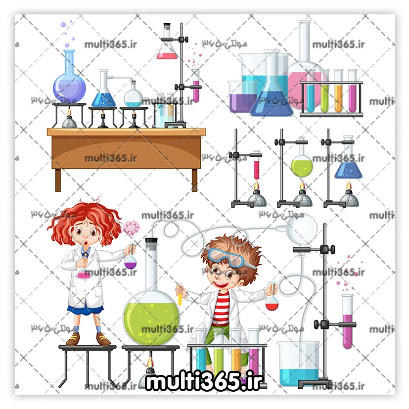 عکس کارتونی شیمیدان و لوازم آزمایشگاهی شیمی